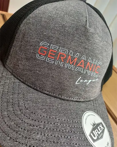 Grey trucker cap with a red and white printed logo