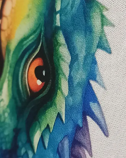 Close-up of a full-colour dragon eye printed on fabric