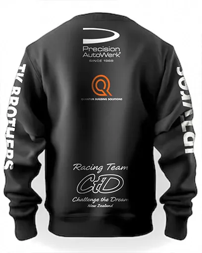 Black team sweatshirt with sponsor logos printed on the back and sleeves